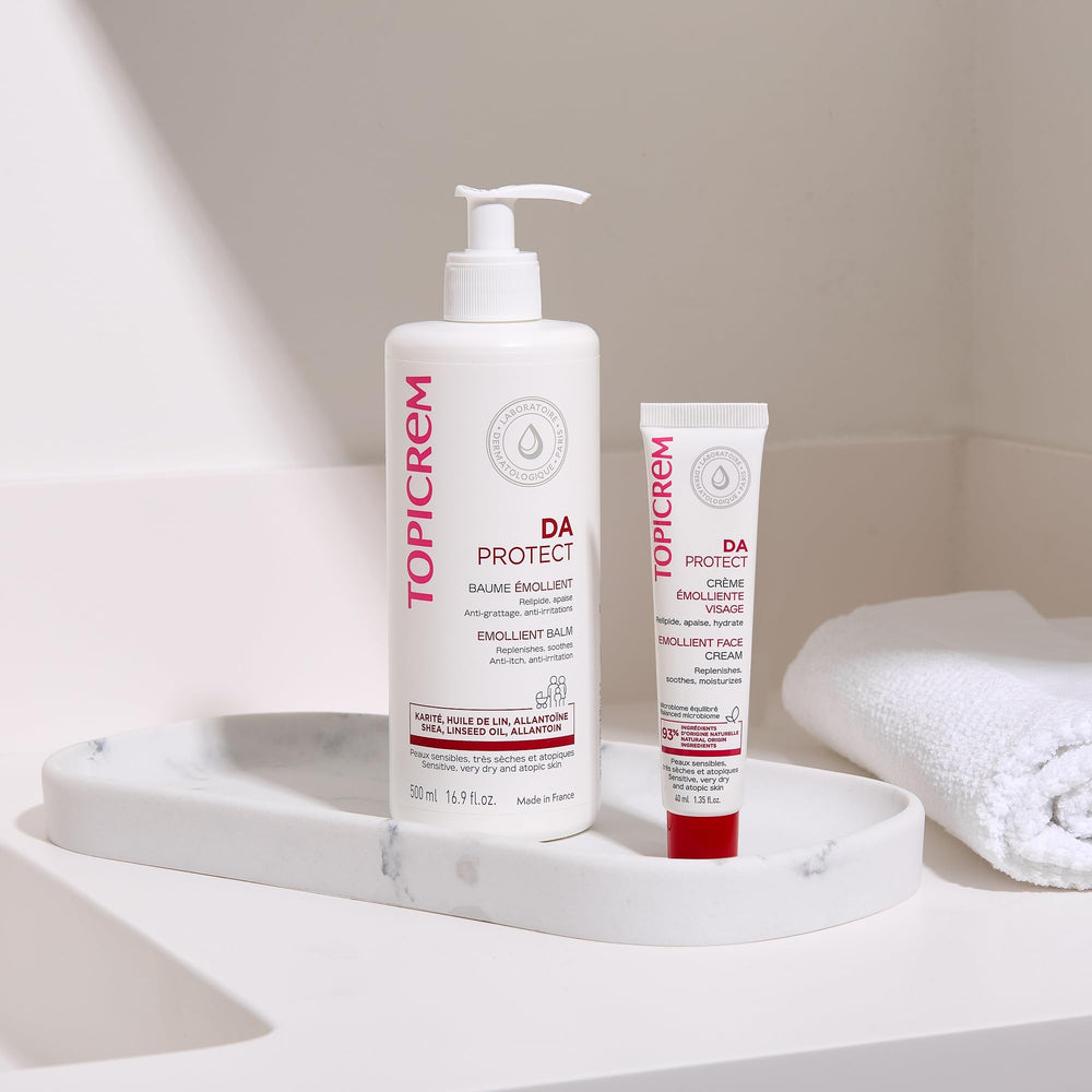 Routine quotidienne avec le baume Topicrem pour peau très sèche et atopique.