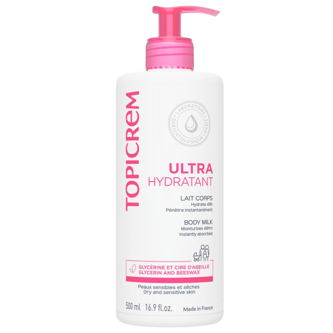 Topicrem Lait Corps Ultra-Hydratant, bouteille 500 ml, hydratation longue durée.