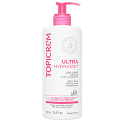 Topicrem Lait Corps Ultra-Hydratant, bouteille 500 ml, hydratation longue durée.