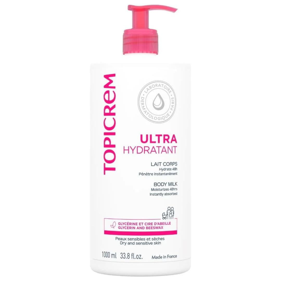 Topicrem Lait Corps Ultra-Hydratant, bouteille visible, hydrate durablement les peaux sèches.