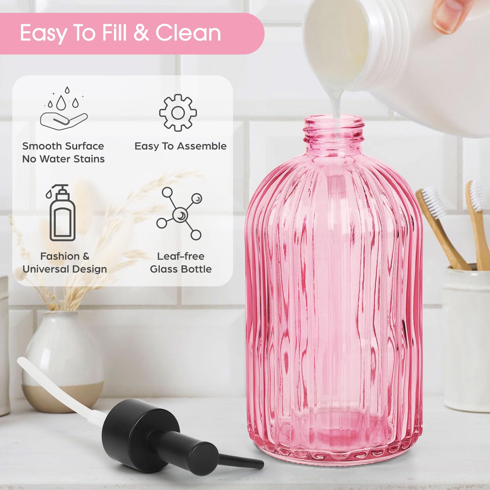 Topsky distributeur savon rose 400 ml avec pompe noire, rangement pratique.