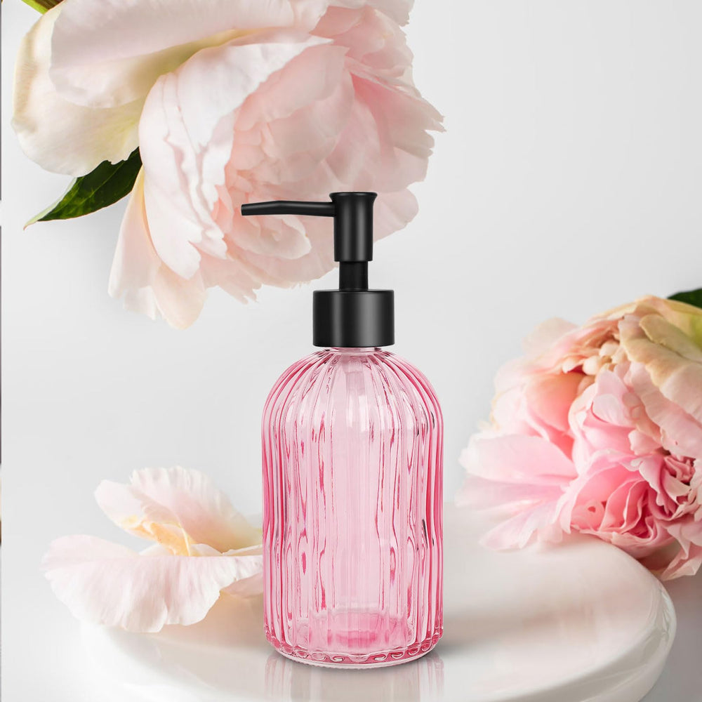 Distributeur Topsky en verre rose, pompe noire anti-fuite adapté à la salle de bain.