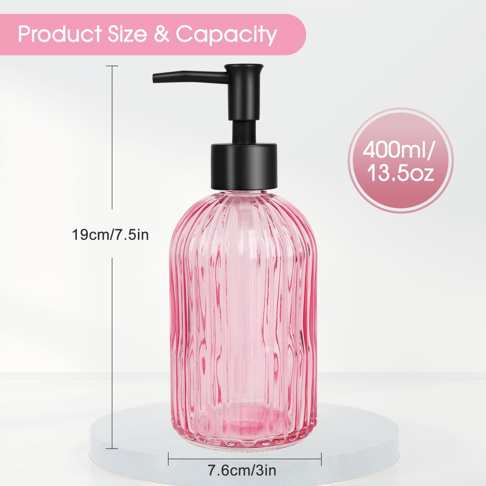 Topsky distributeur en verre rose au design épuré et pompe noire.