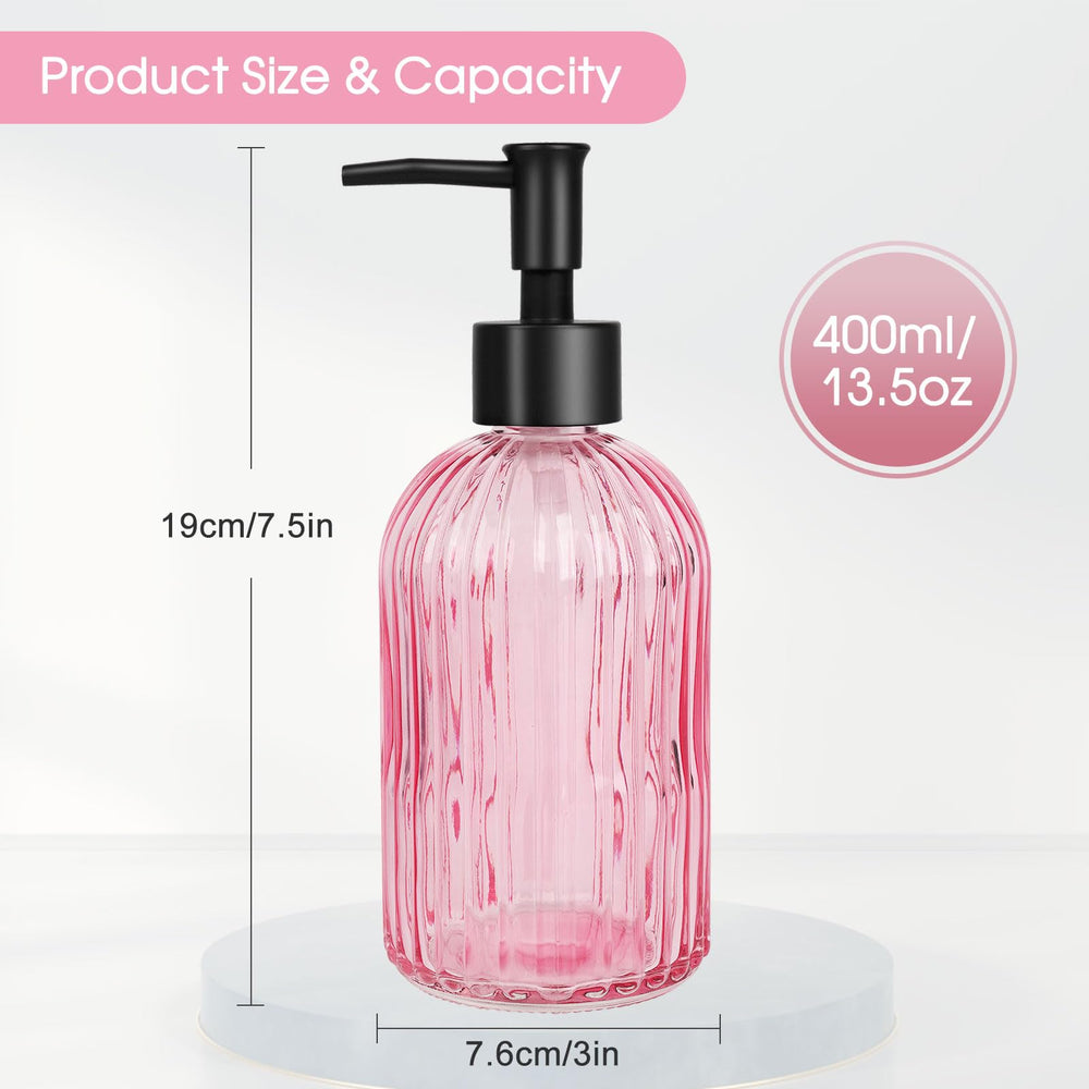 Topsky distributeur en verre rose au design épuré et pompe noire.