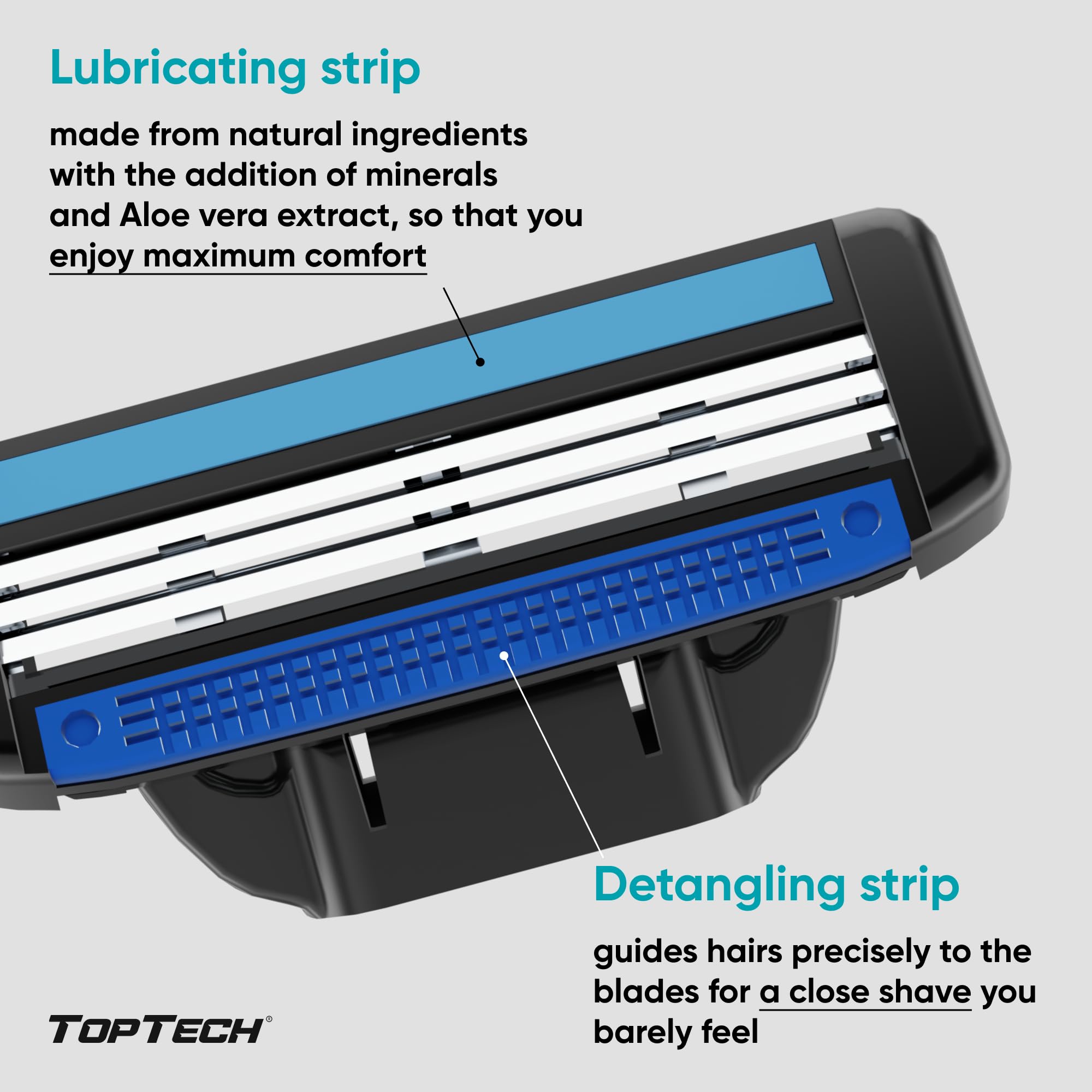 Toptech Rasoir3 pour homme — design de cartouche optimisé pour un rinçage facile.