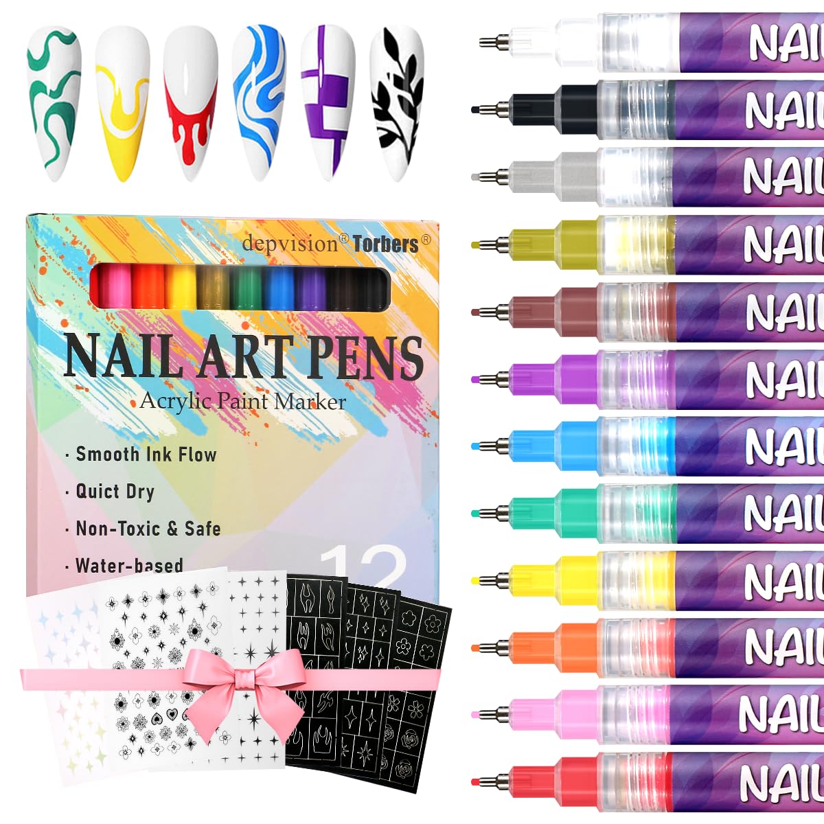 Torbers marqueurs art ongles, ensemble 12 couleurs, motifs rapides et nets.