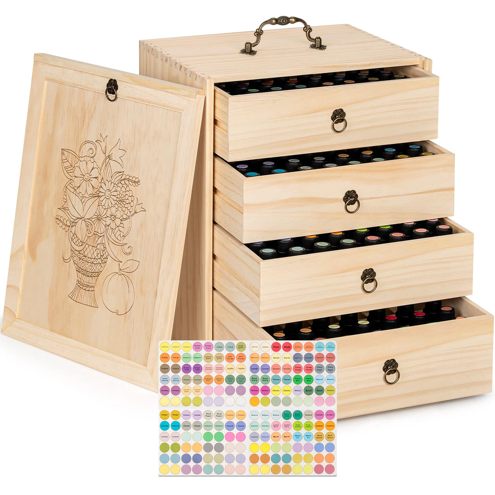TORIBIO boîte huiles essentielles, vue extérieure, rangement efficace pour 192 bouteilles.