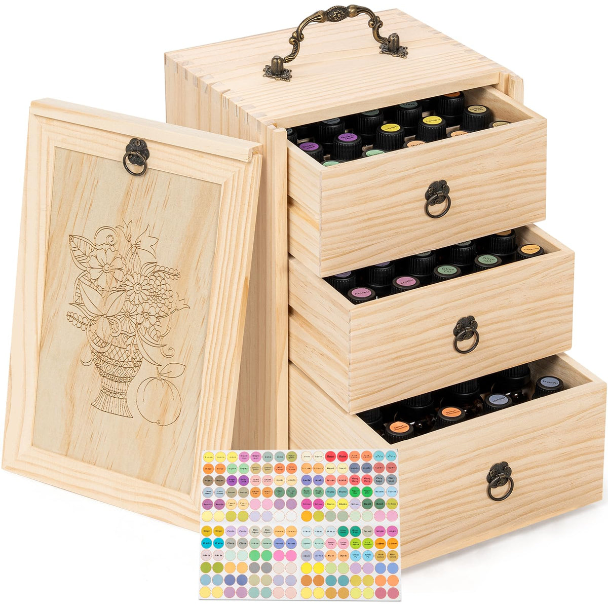 TORIBIO Box huiles essentielles montre l'agencement 60 emplacements pour bouteilles 5-30 ml