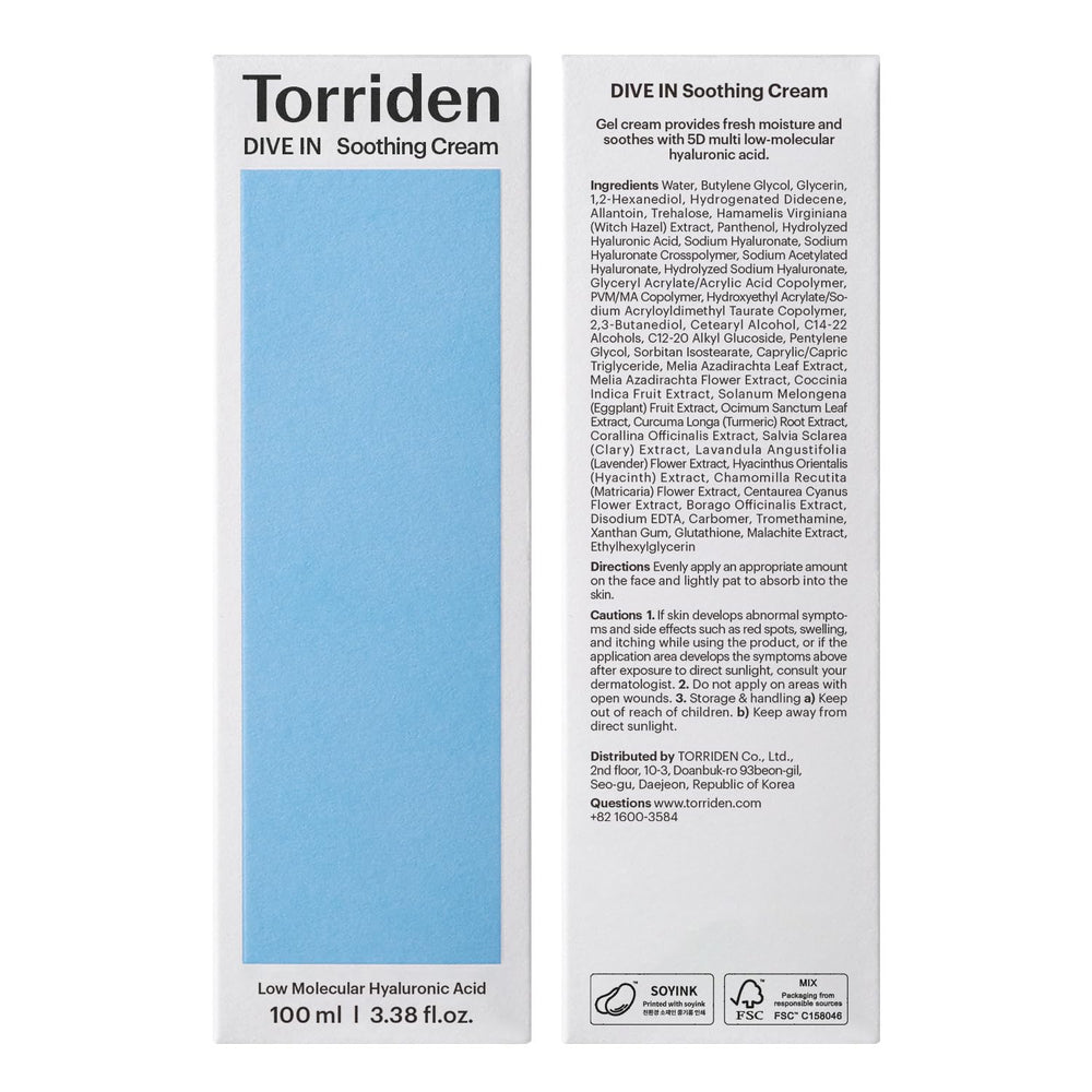 Torriden DIVE IN crème hydratante quotidienne, sensation veloutée et nourrissante.
