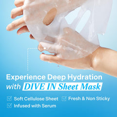 Masque Dive In, complexe 5D d'acide hyaluronique, hydratation en profondeur.