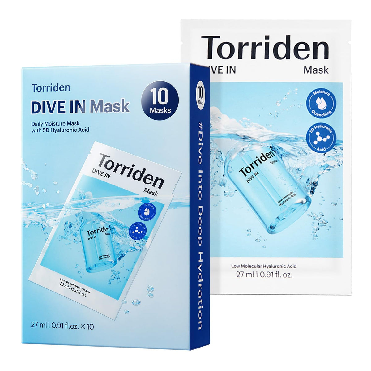 Emballage Torriden Dive In, masque hyaluronique prêt à l'emploi, hydratation durable.