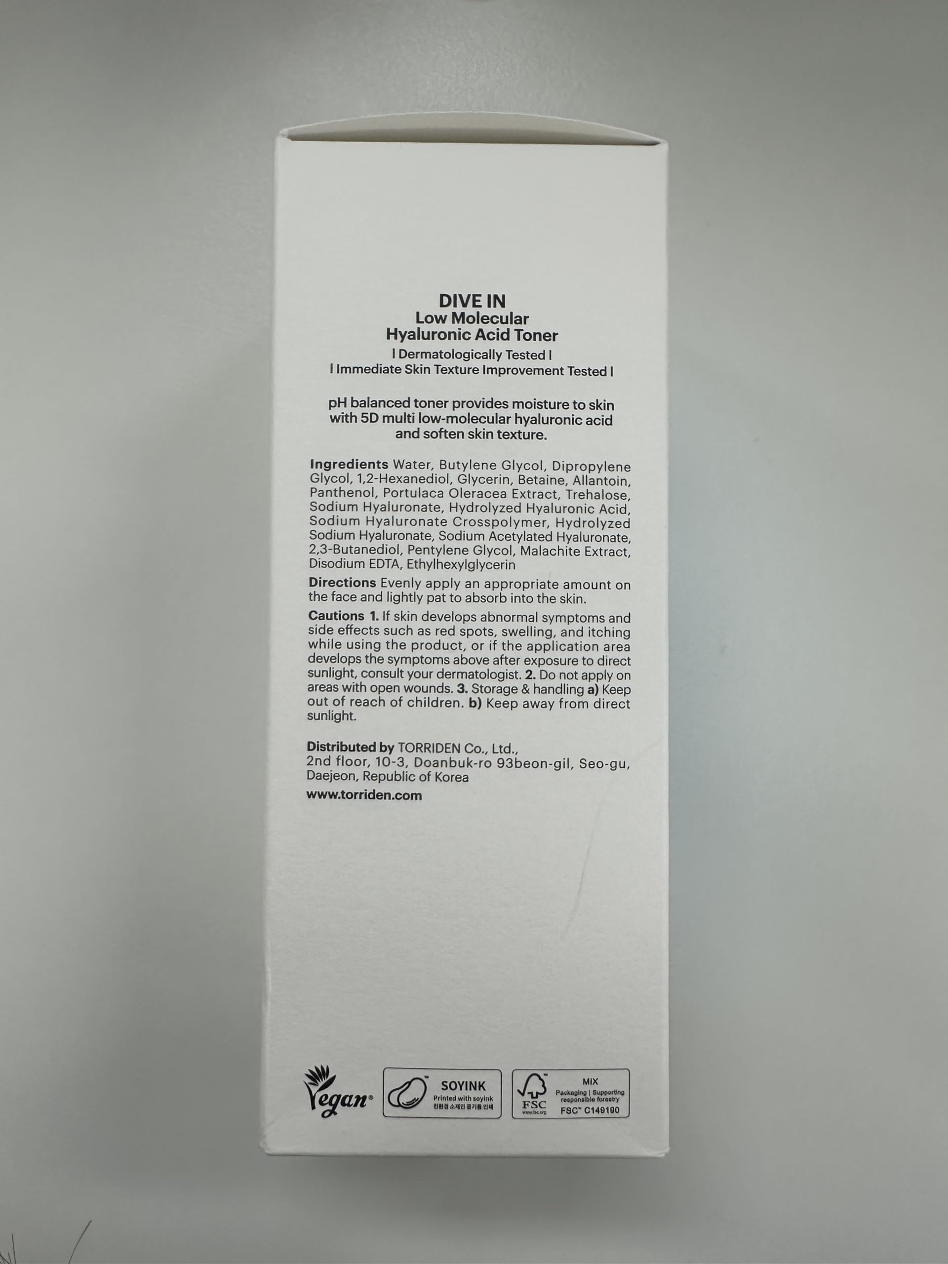 Torriden Dive in Toner, emballage durable et bouteille recyclable.