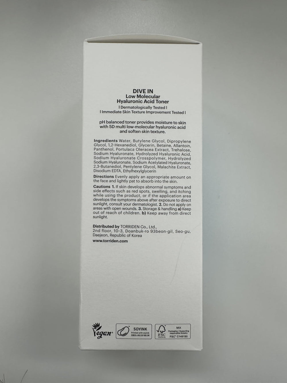 Torriden Dive in Toner, emballage durable et bouteille recyclable.