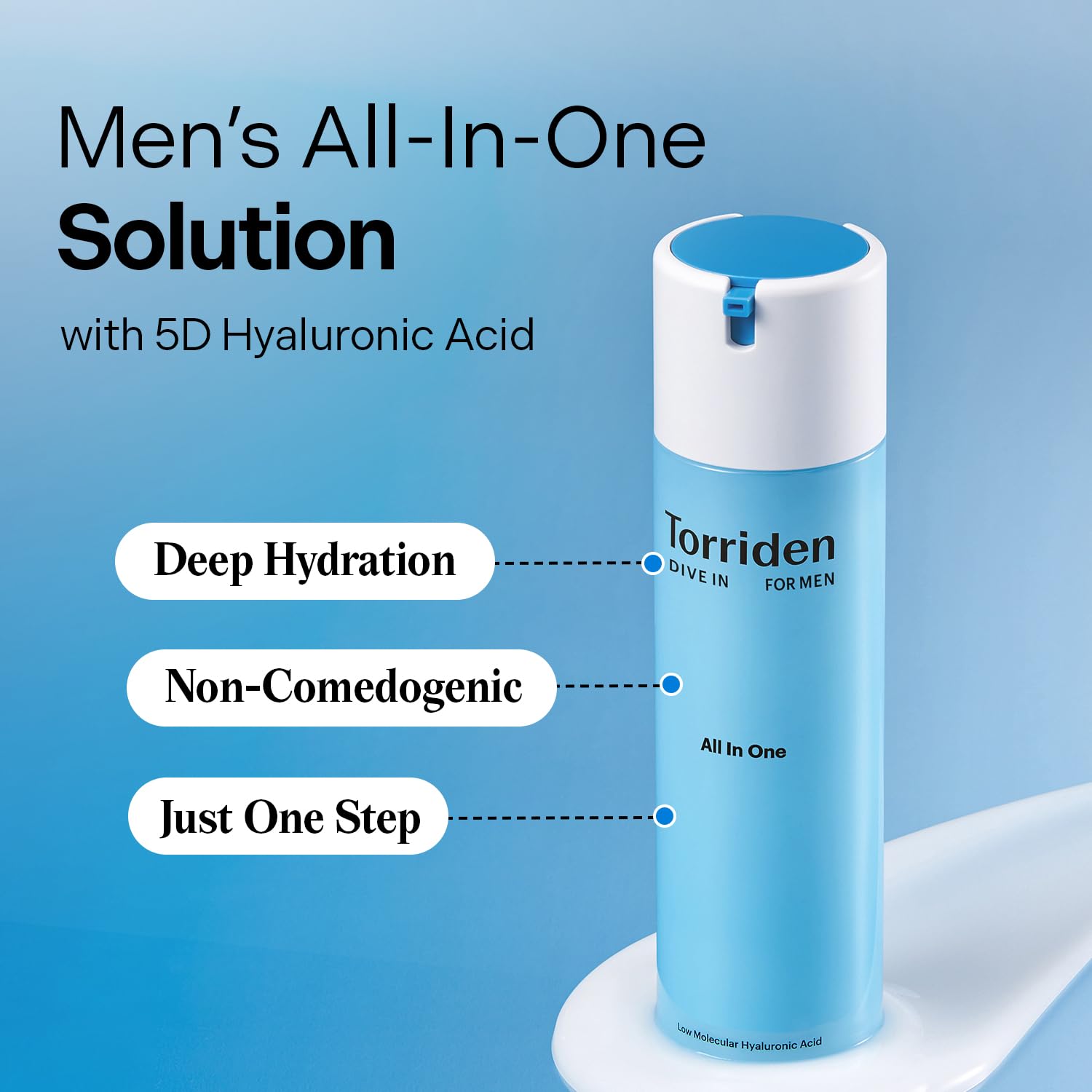 Torriden DIVE IN pour Homme, application fluide qui s’absorbe rapidement sans film gras.