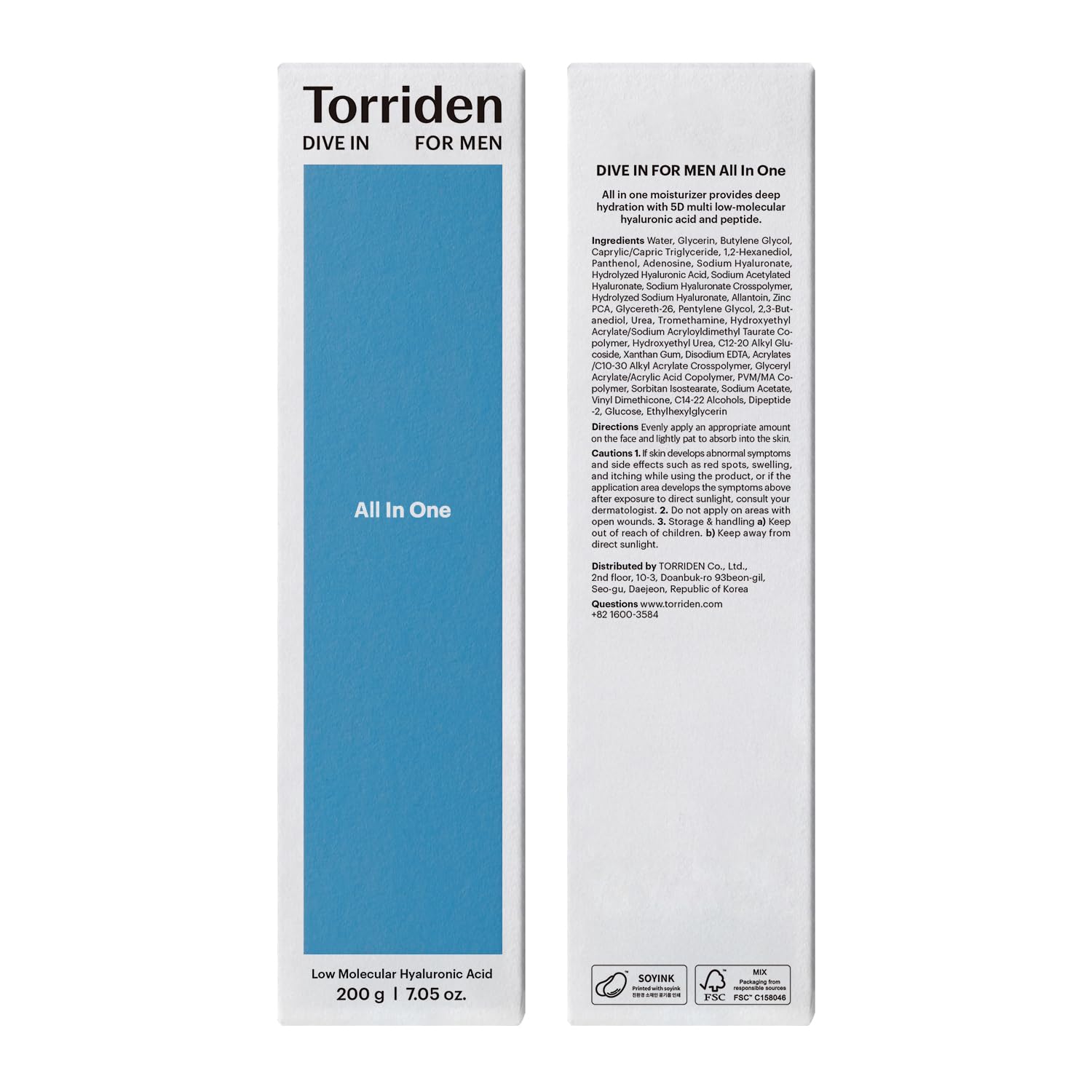 Torriden DIVE IN pour Homme, emballage écoresponsable et produit végan.
