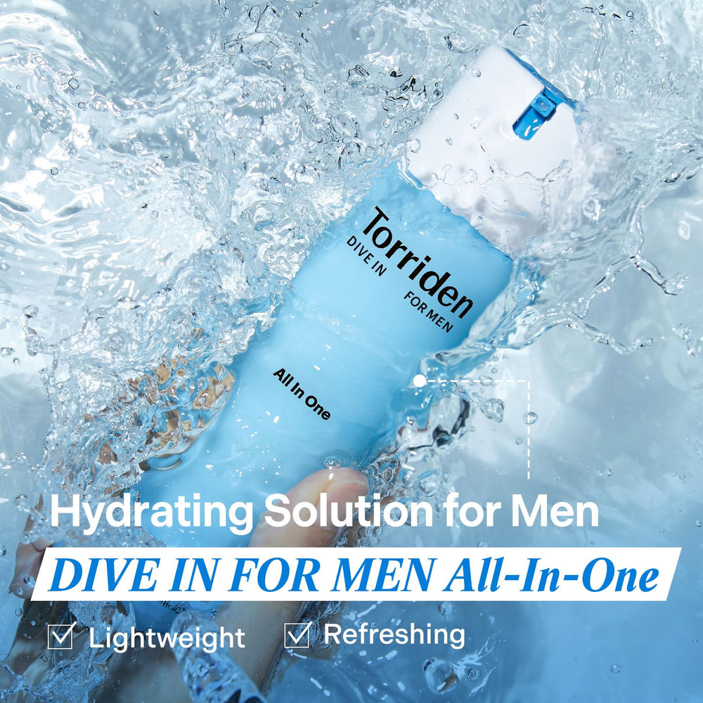 Torriden DIVE IN pour Homme, formule douce adaptée aux peaux sensibles.