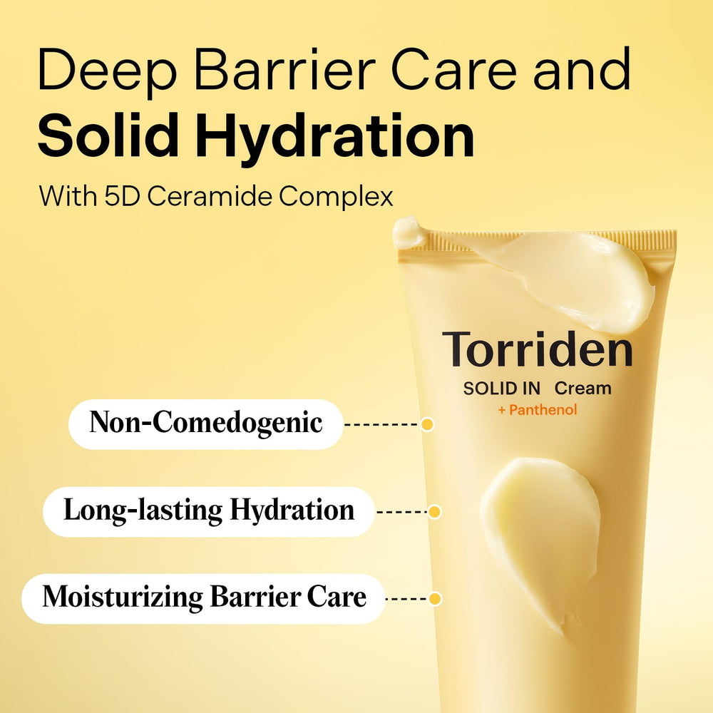 Torriden SOLID IN Crème Céramide, application visage, texture soyeuse et peau nourrie.