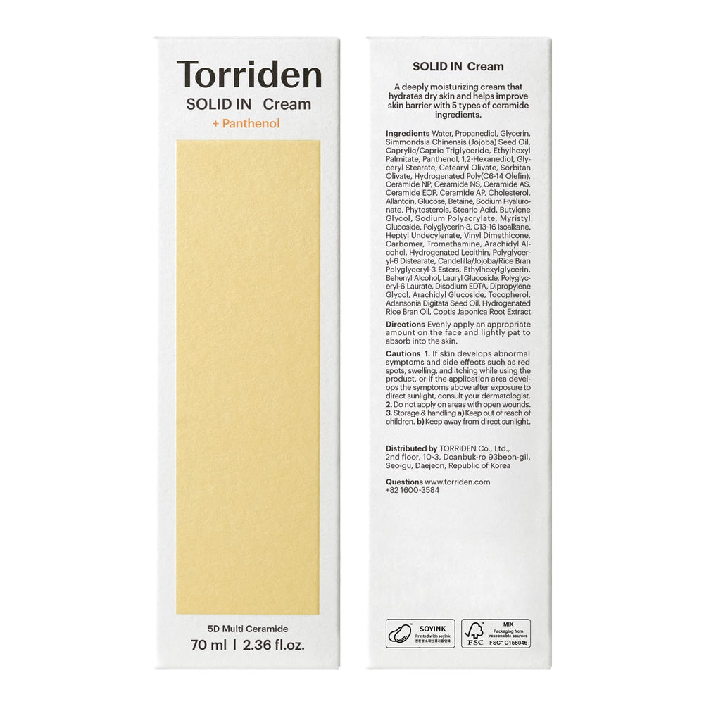 Torriden SOLID IN Crème Céramide, présentation pratique pour rituel beauté quotidien.