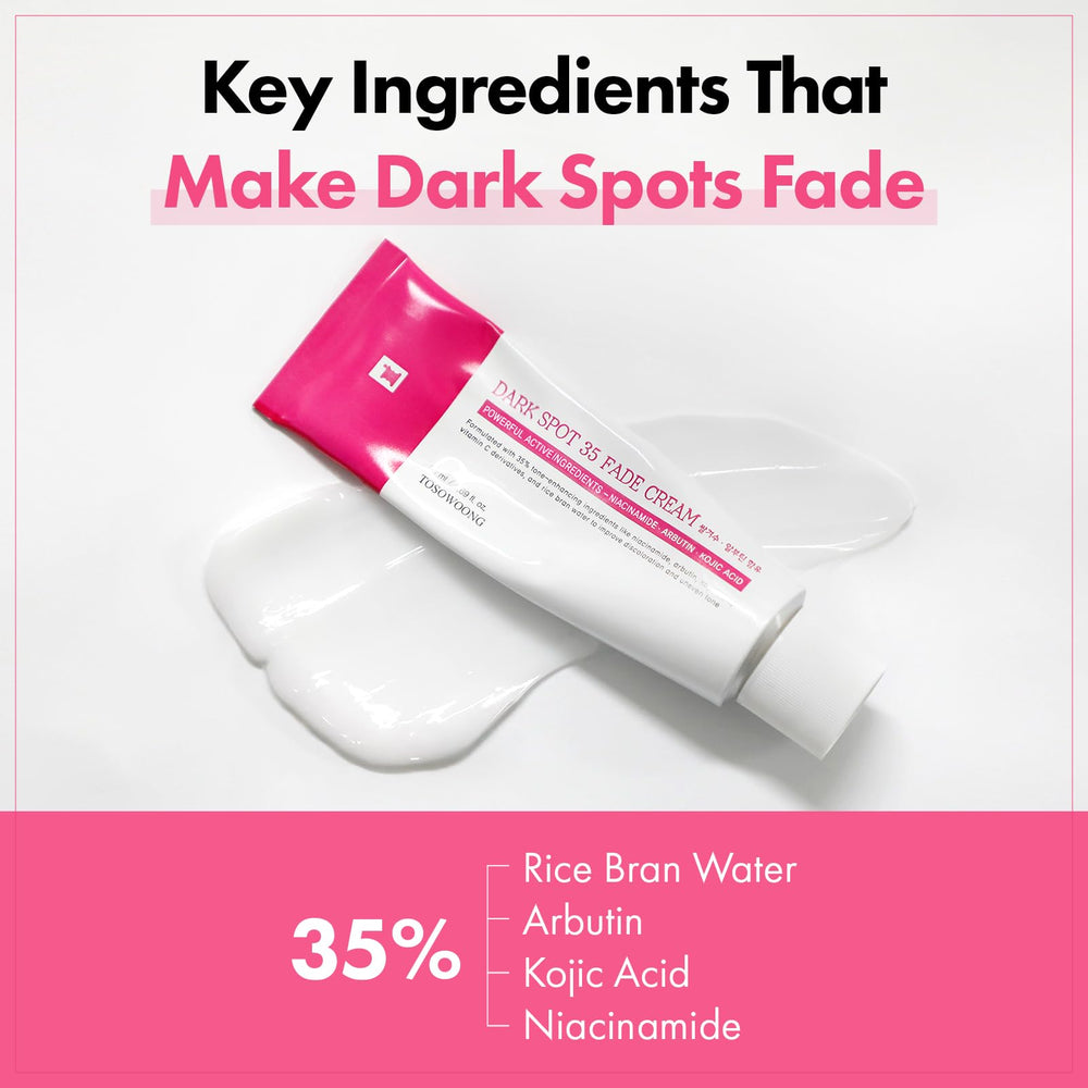 Ingrédients clefs TOSOWOONG Dark Spot 35, arbutine et actifs éclaircissants.