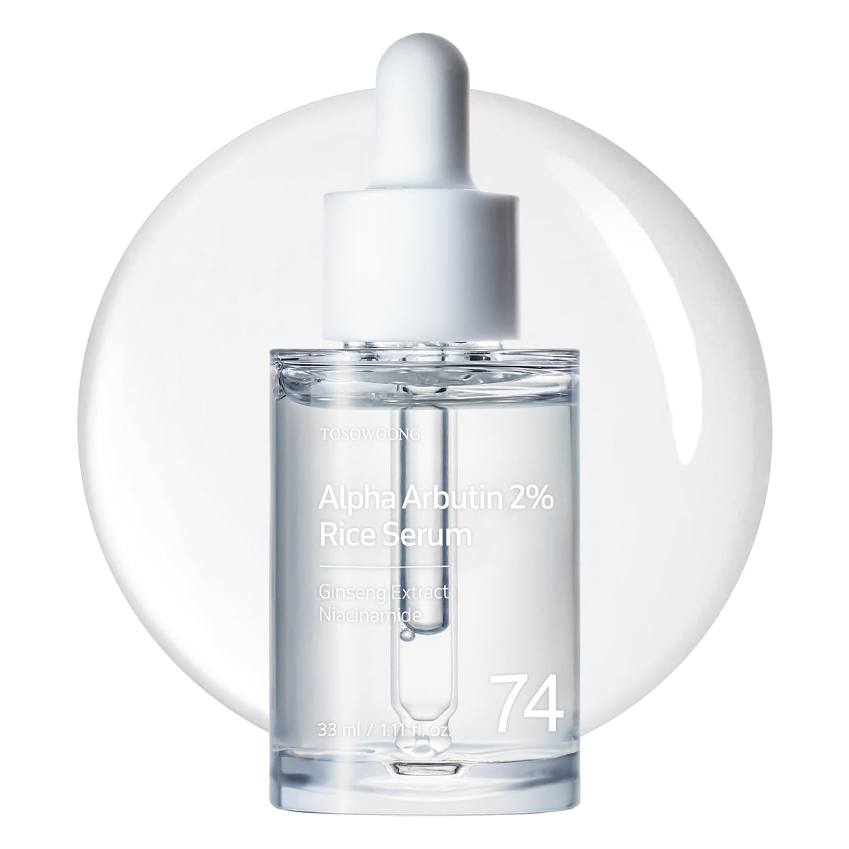 Sérum TOSOWOONG Alpha Arbutin 2% au riz dans sa bouteille, éclat naturel et uniforme.