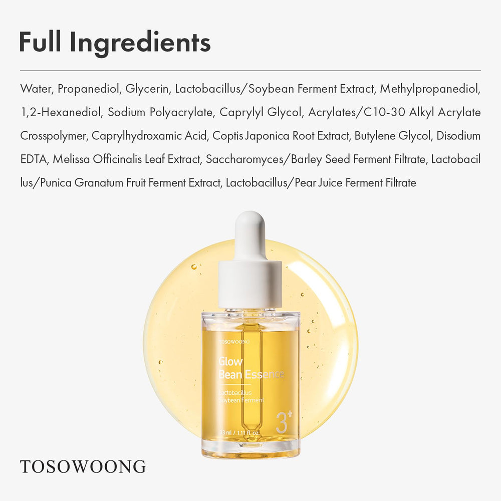 TOSOWOONG Glow Bean Essence – Rituel quotidien favorisant confort cutané et éclat.
