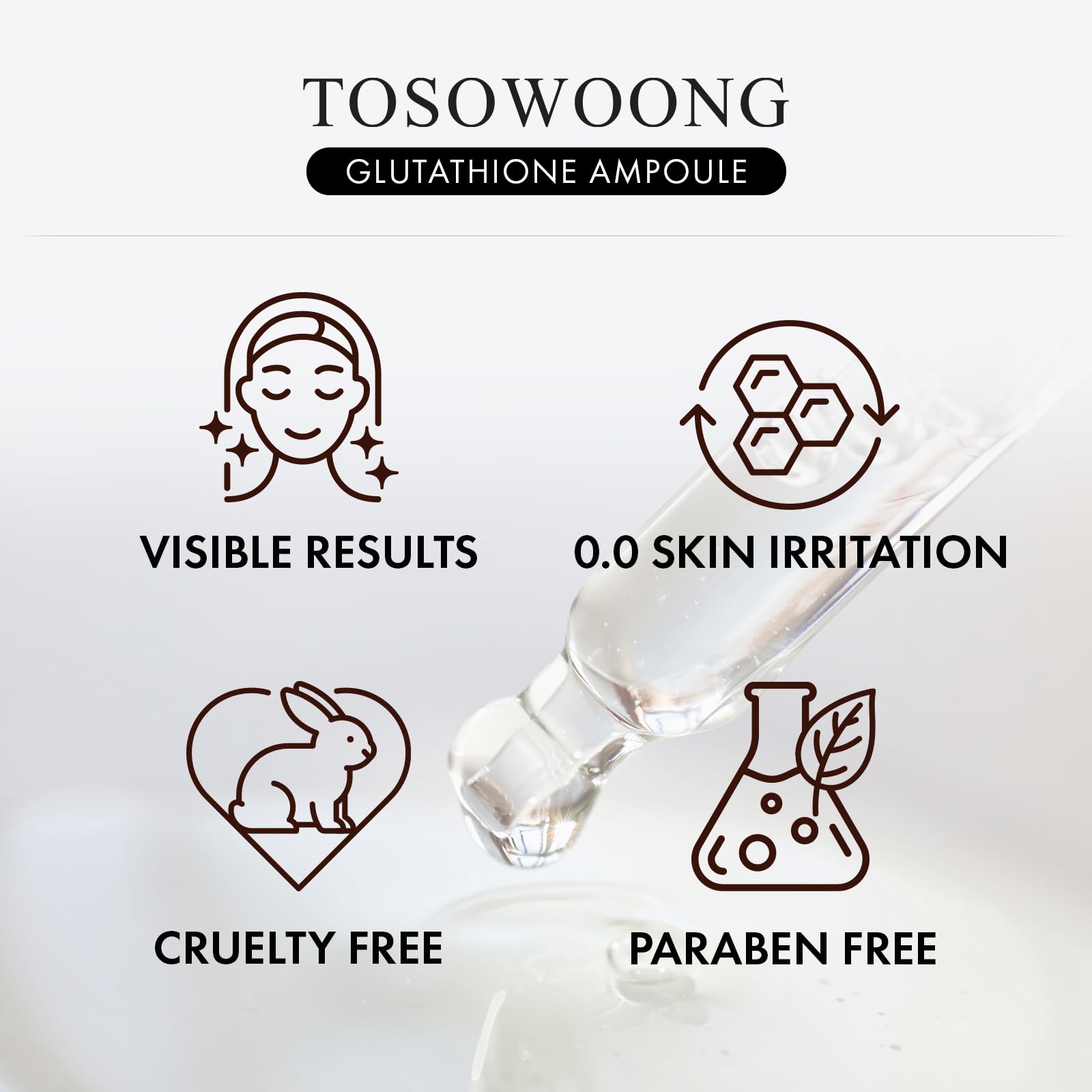 Ingrédients clés Tosowoong: glutathion, niacinamide et acide hyaluronique en action.