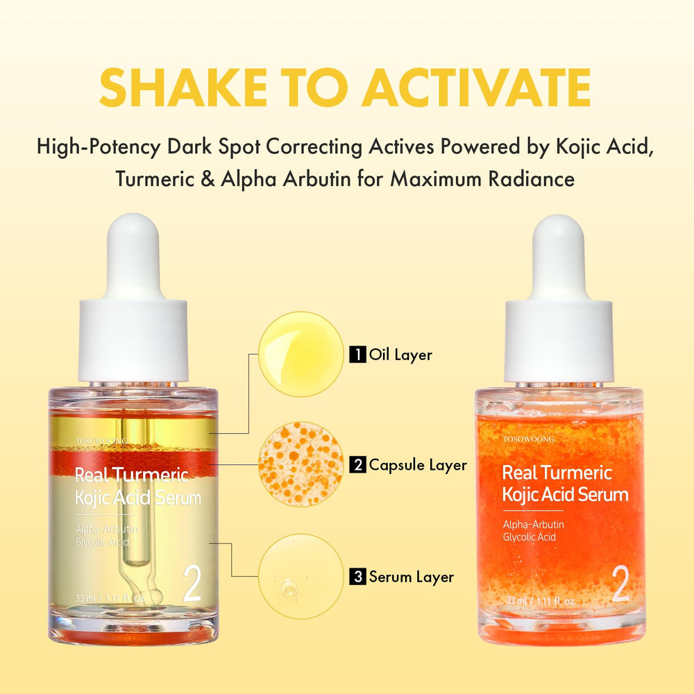 TOSOWOONG Real Turmeric Serum: activation triple-couche pour absorption optimisée.