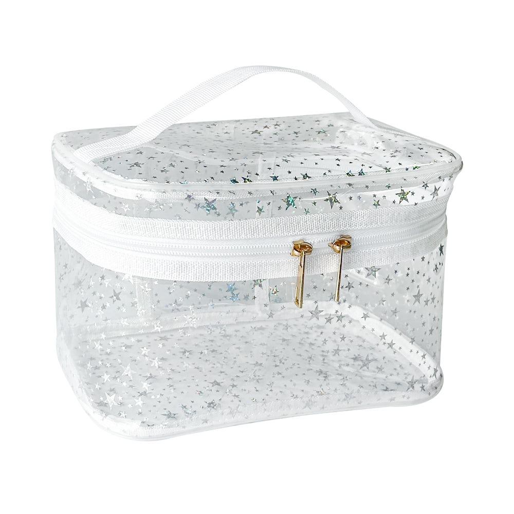 TotePrint pochette maquillage PVC blanche avec poignée, rangement pratique en voyage.