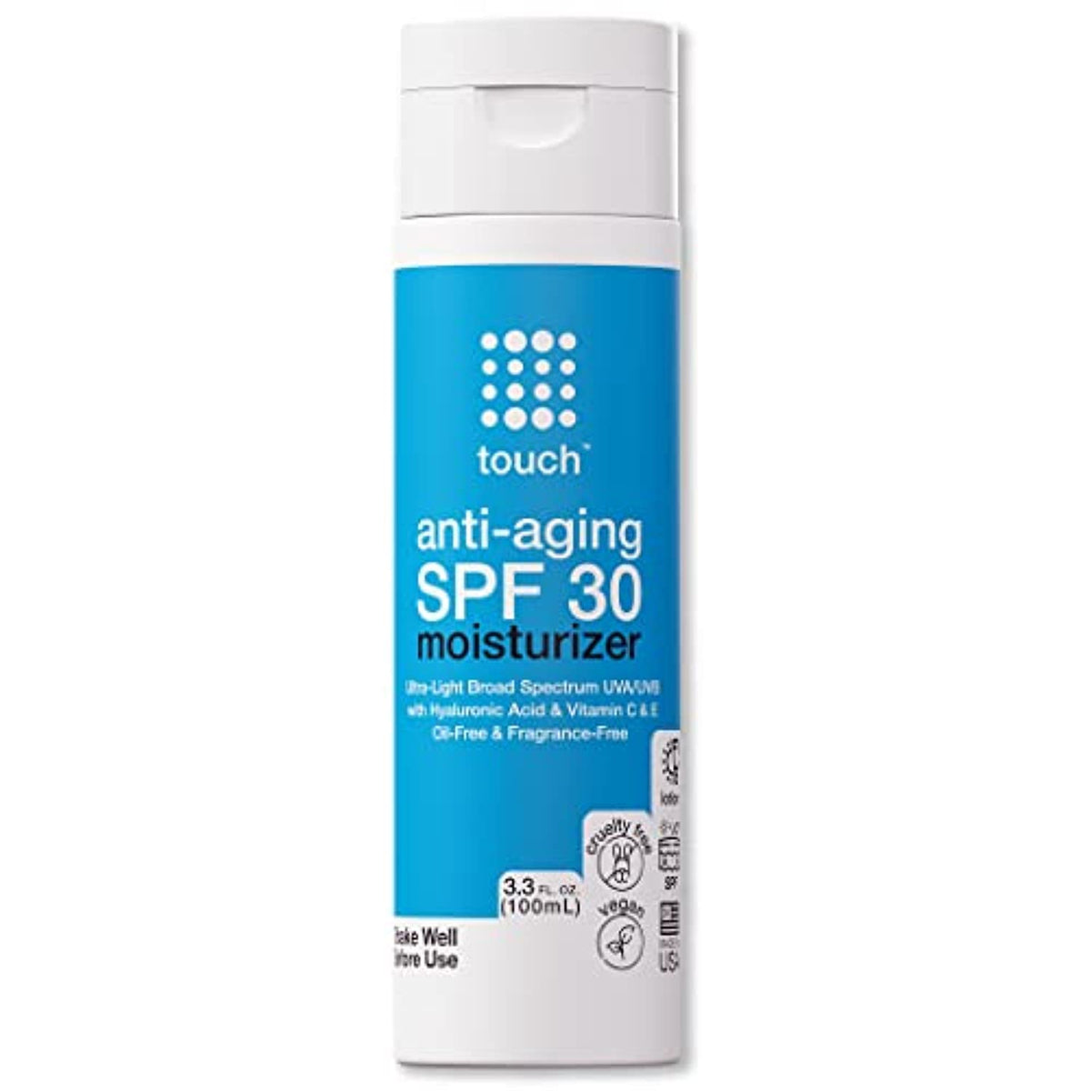 TOUCH Age Defying SPF30 – Bouteille crème visage, protection légère et hydratation.