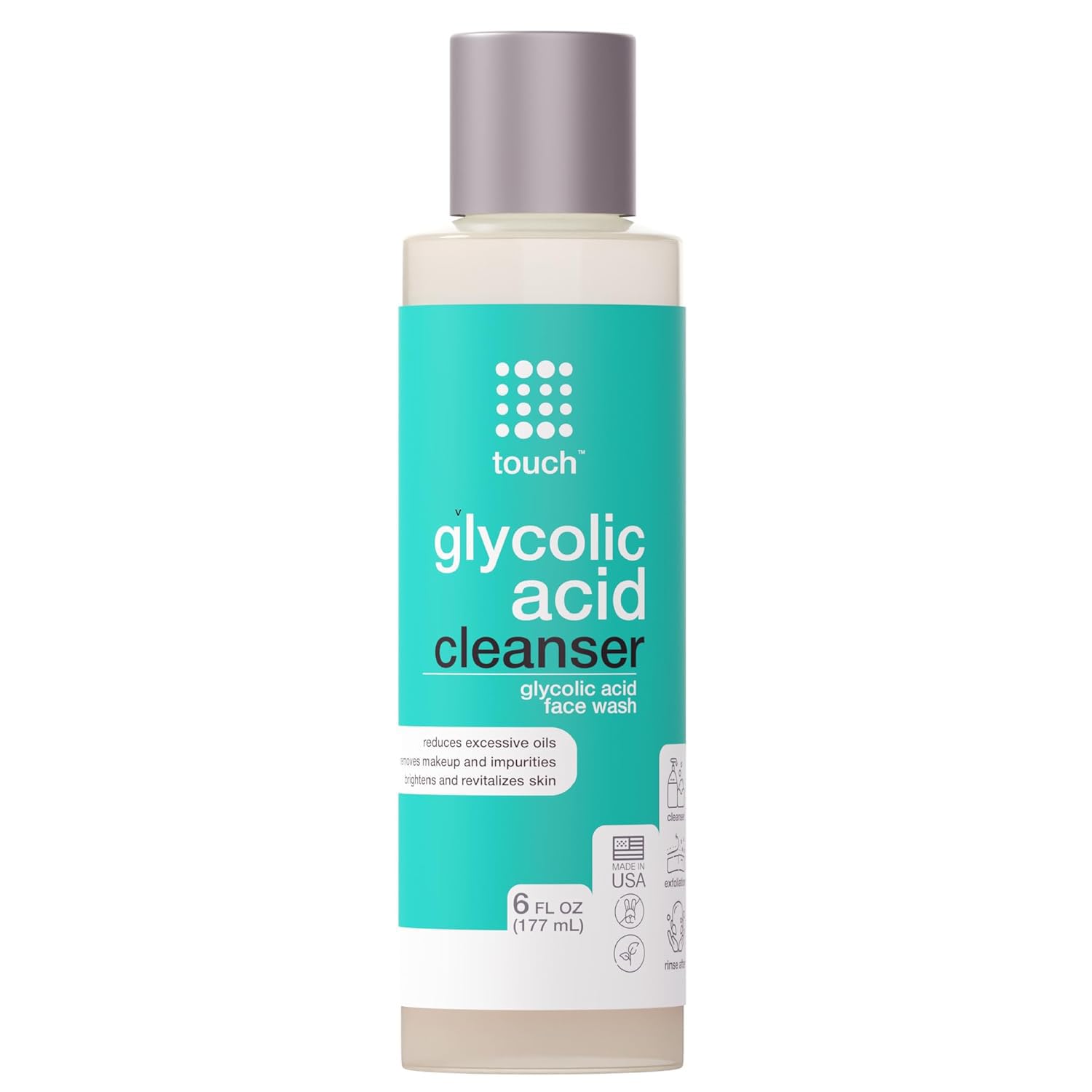 TOUCH glycolic face wash bottle pouring for even exfoliation