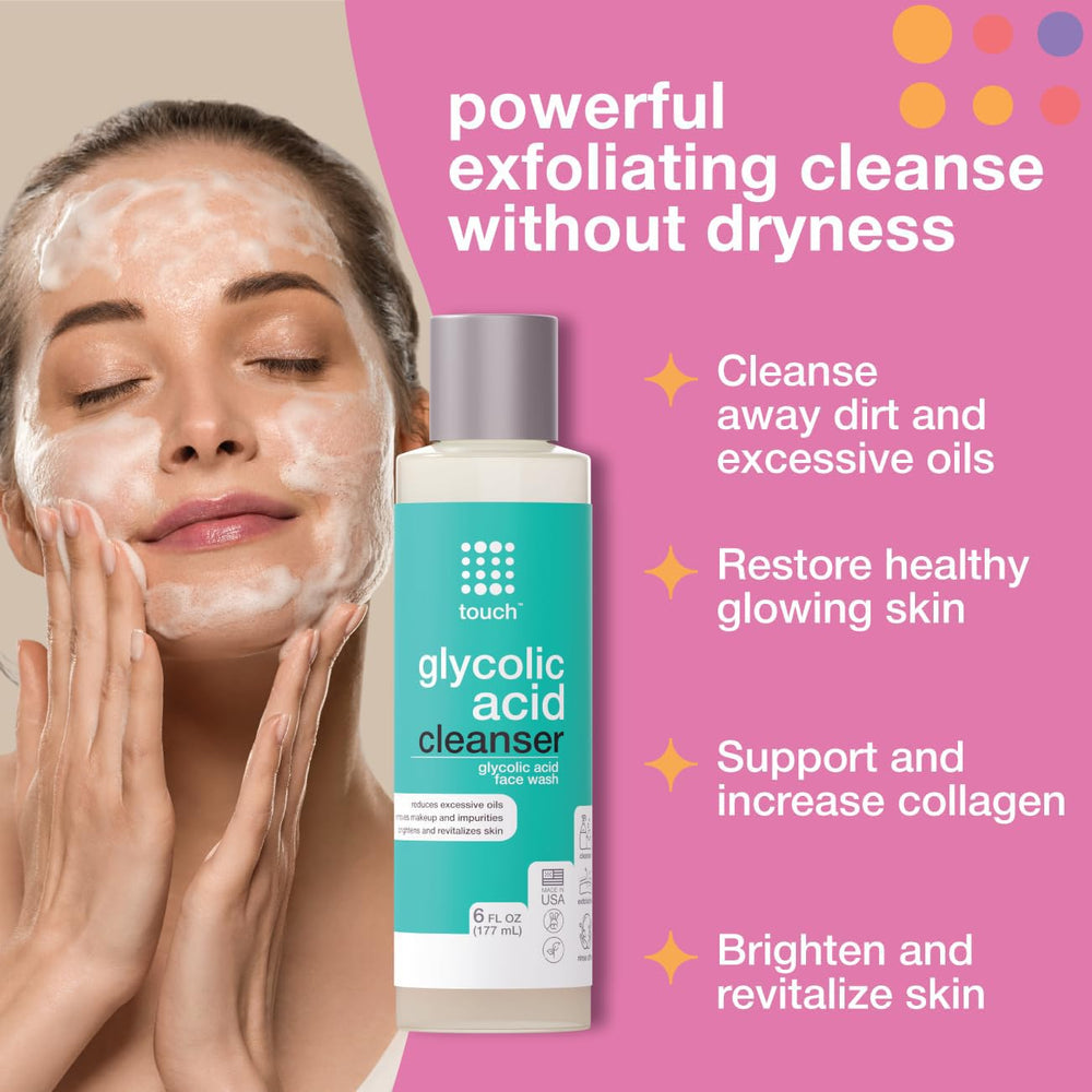 TOUCH glycolic face wash foam lather spreading on skin for cleansing