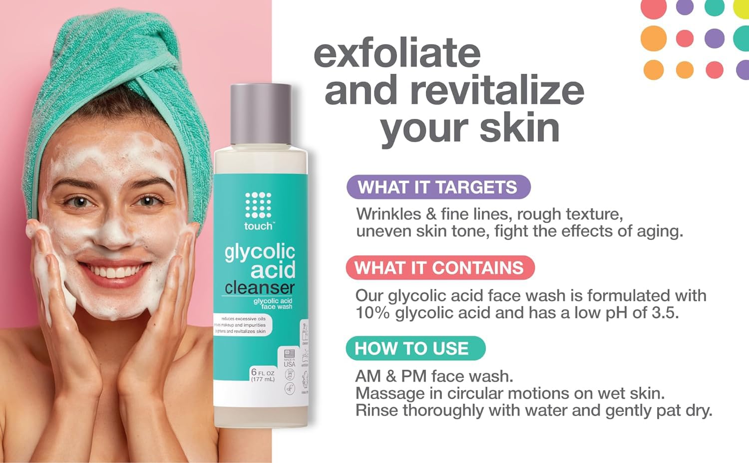 Close-up of TOUCH glycolic face wash on clean skin