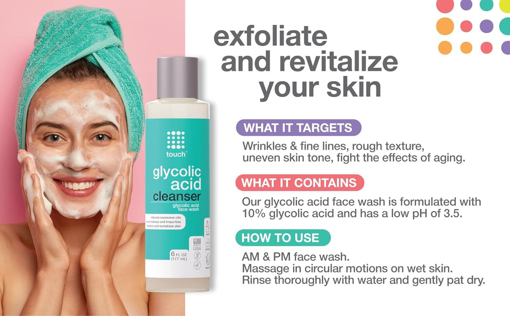 Close-up of TOUCH glycolic face wash on clean skin