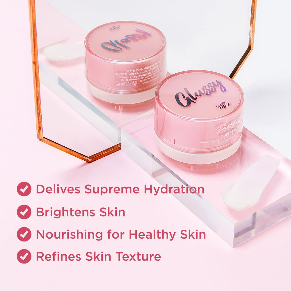 Touch in Sol Pretty Filter Glassy Skin Balm Primer – hydratation visible sur peau fraîche et lumineuse.