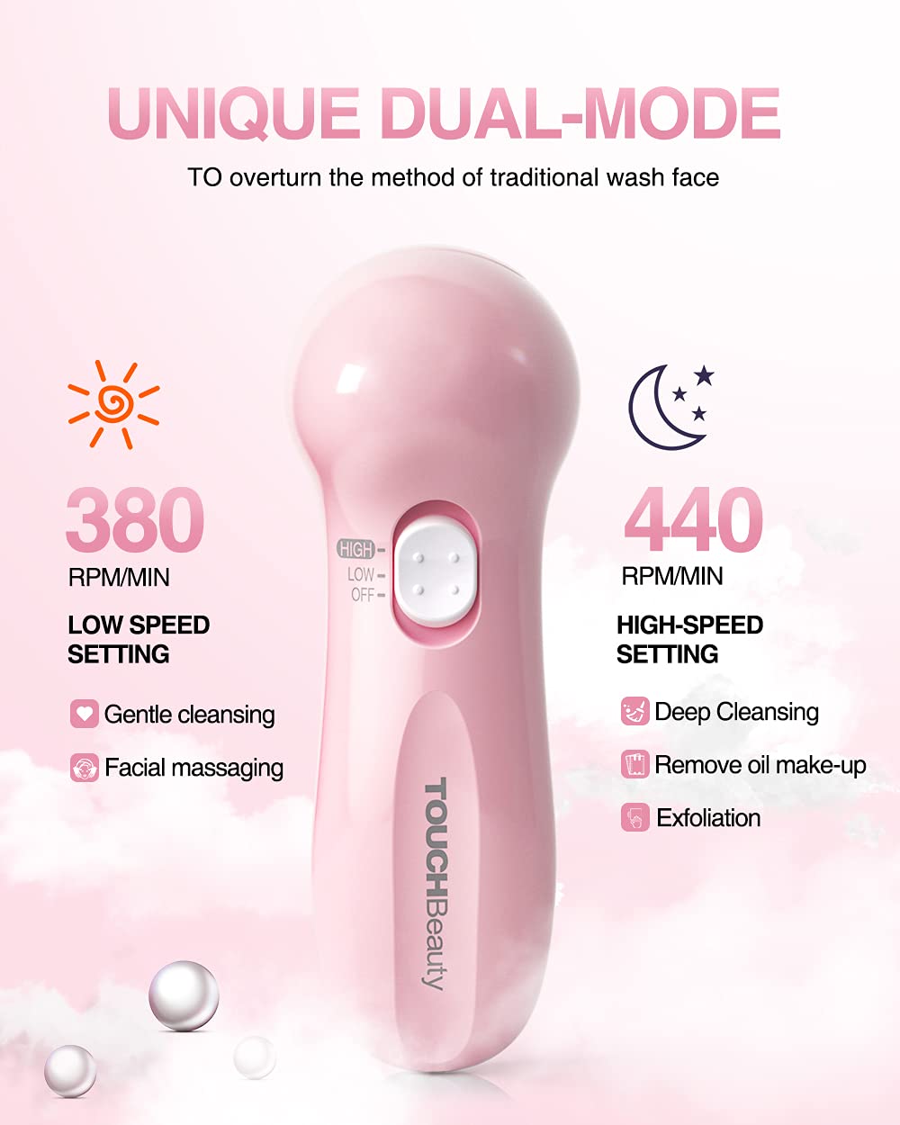 TOUCHBeauty brosse-visage imperméable IPX5 pour une utilisation sous la douche.