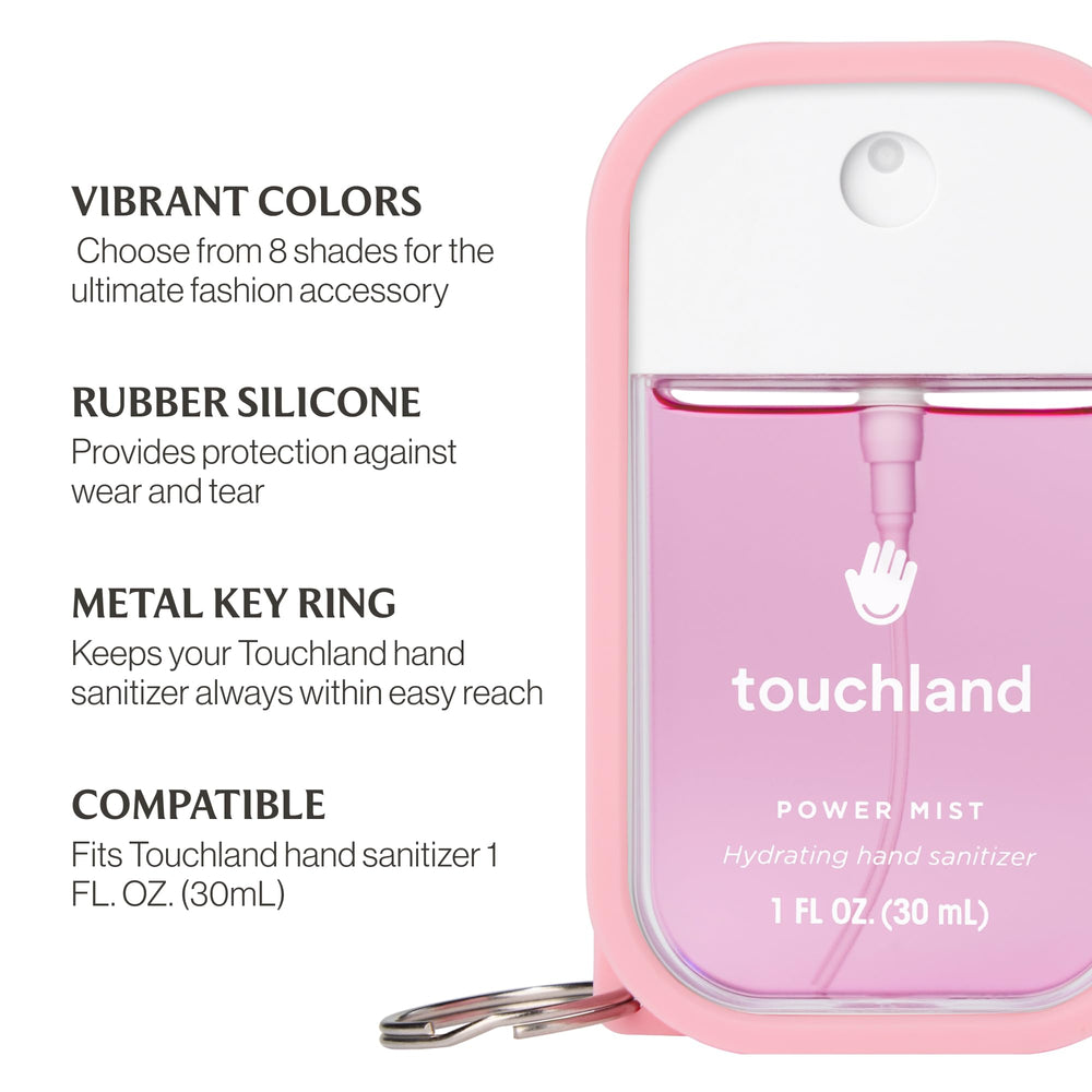 Touchland Hand Mist Case Trio avec porte-clé — pratique et facile à accrocher sur sac.