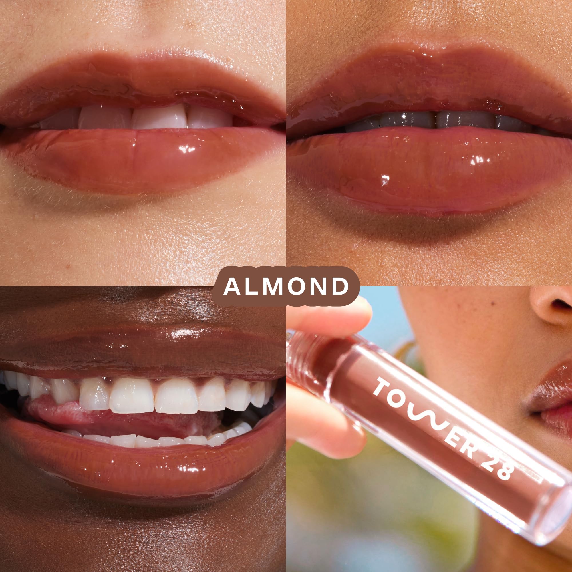Tower 28 ShineOn Gel Lèvres Almond – swatch rosé lait qui révèle une teinte naturelle