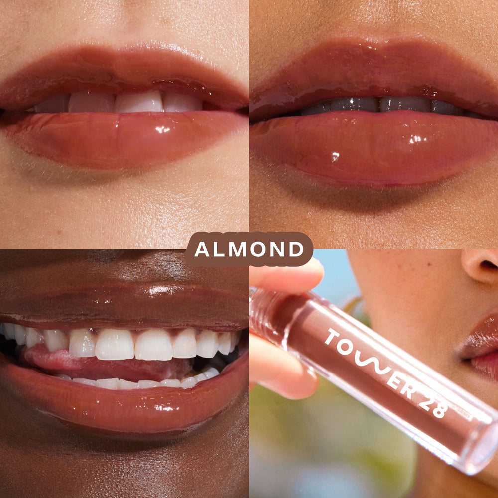 Tower 28 ShineOn Gel Lèvres Almond – swatch rosé lait qui révèle une teinte naturelle