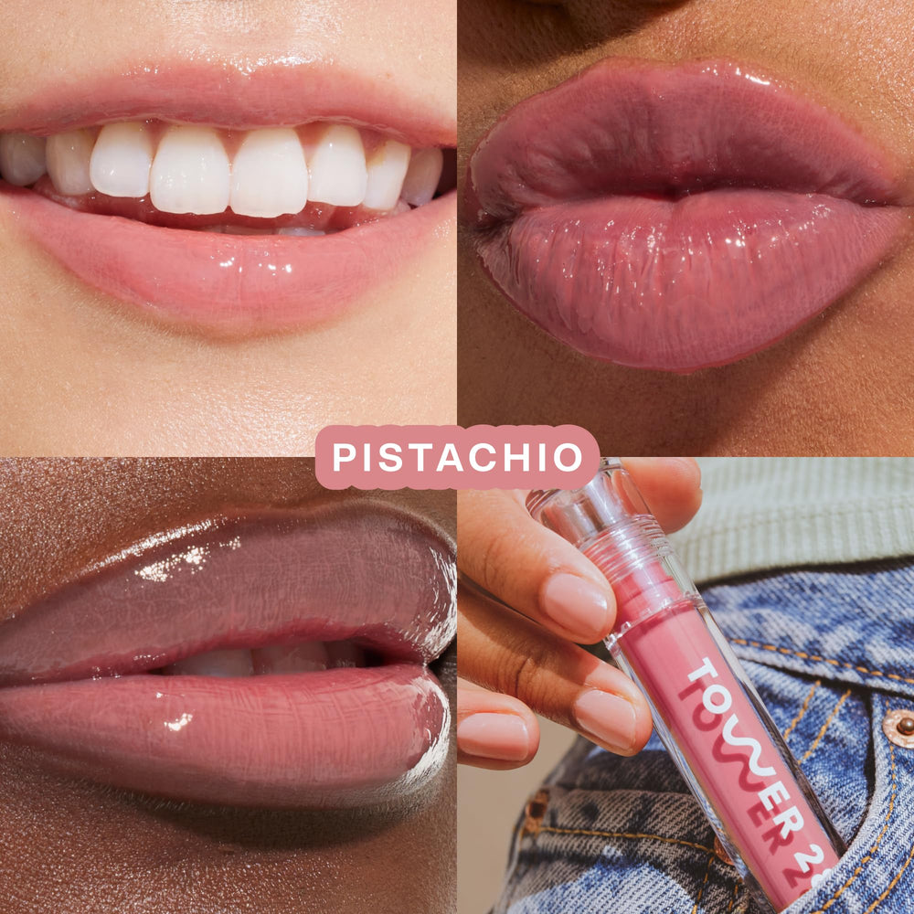 Swatch Rose Nude sur Tower 28 ShineOn Lip Jelly pour teinte naturelle brillante.
