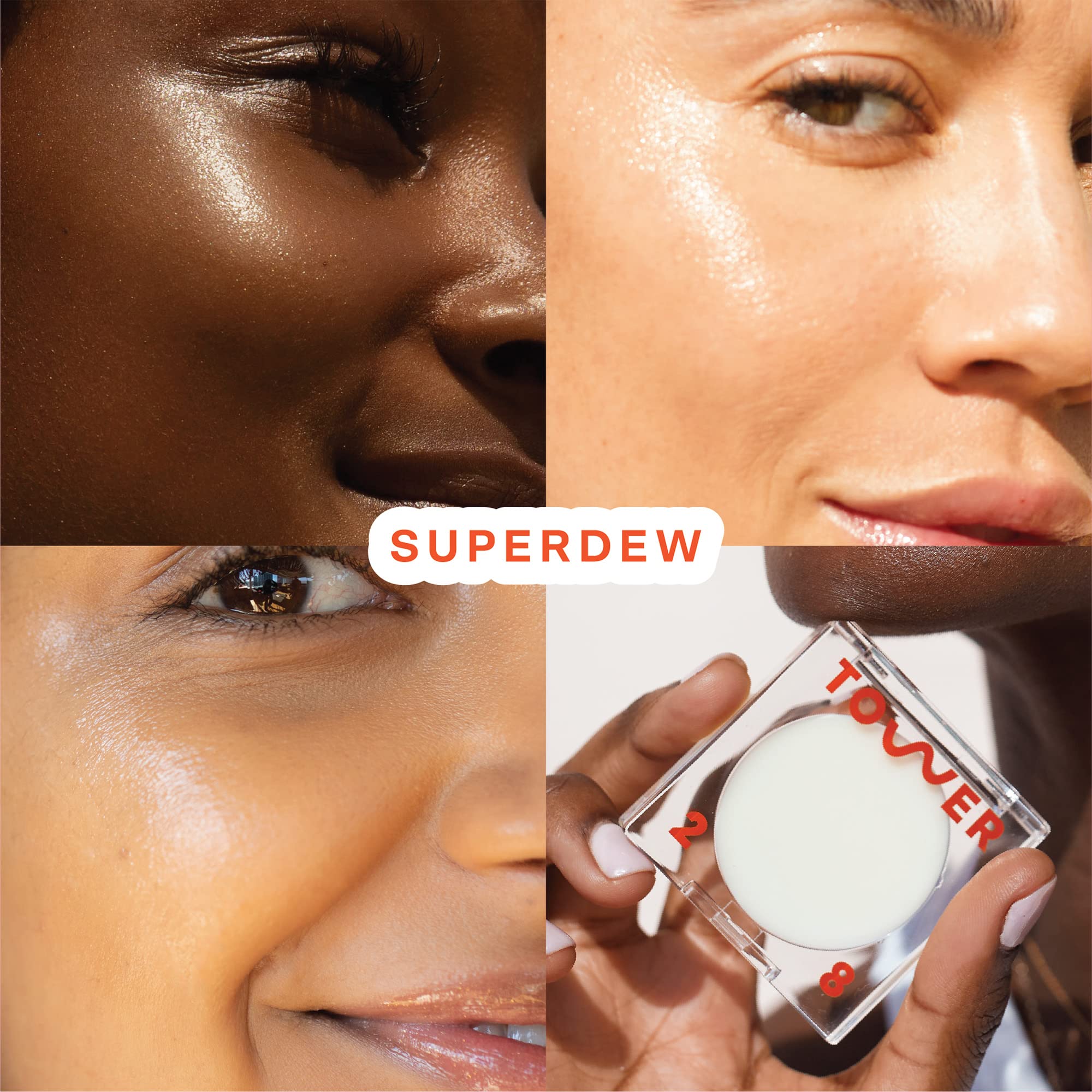 Application sur les pommettes avec le baume SuperDew Tower 28 pour un éclat subtil.