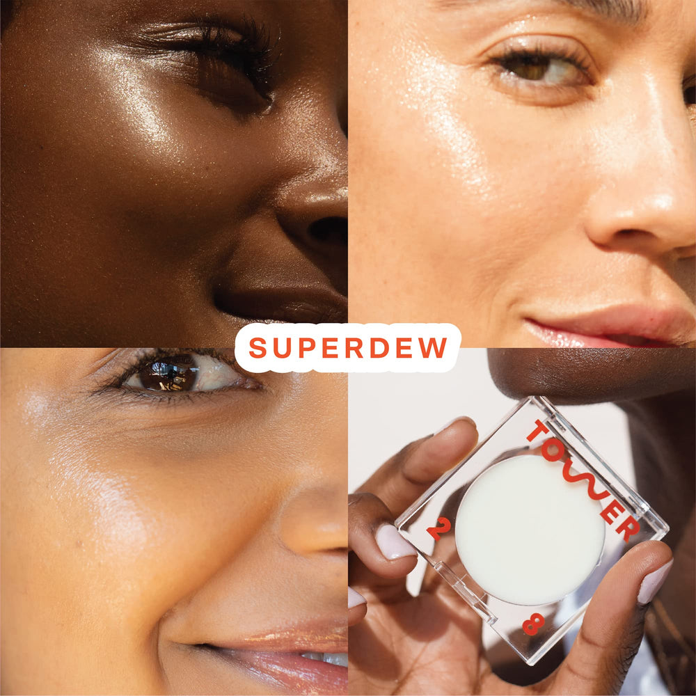Application sur les pommettes avec le baume SuperDew Tower 28 pour un éclat subtil.