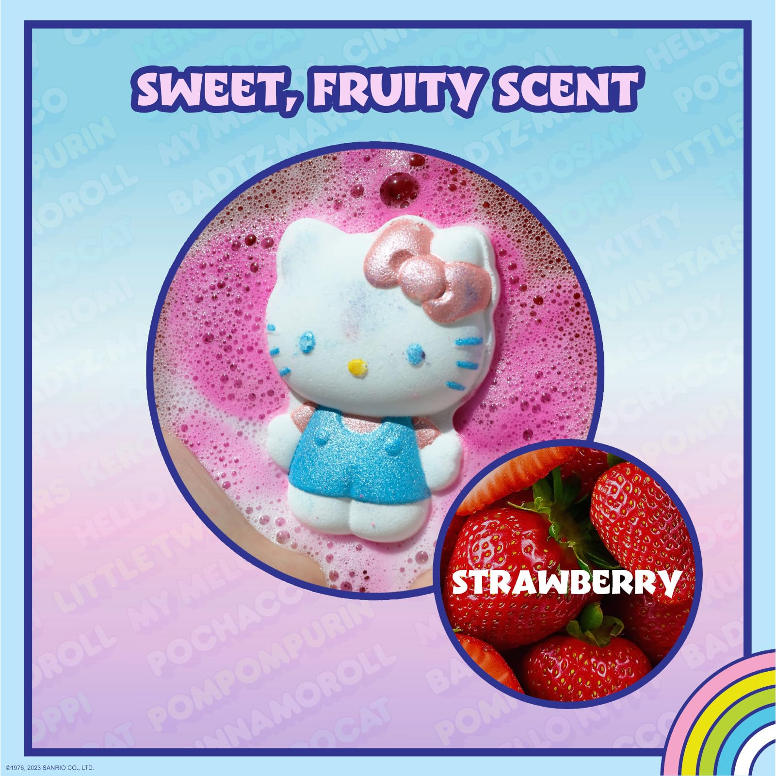 Townley Girl bombe de bain Hello Kitty en pose arc‑en‑ciel, effet coloré impressionnant