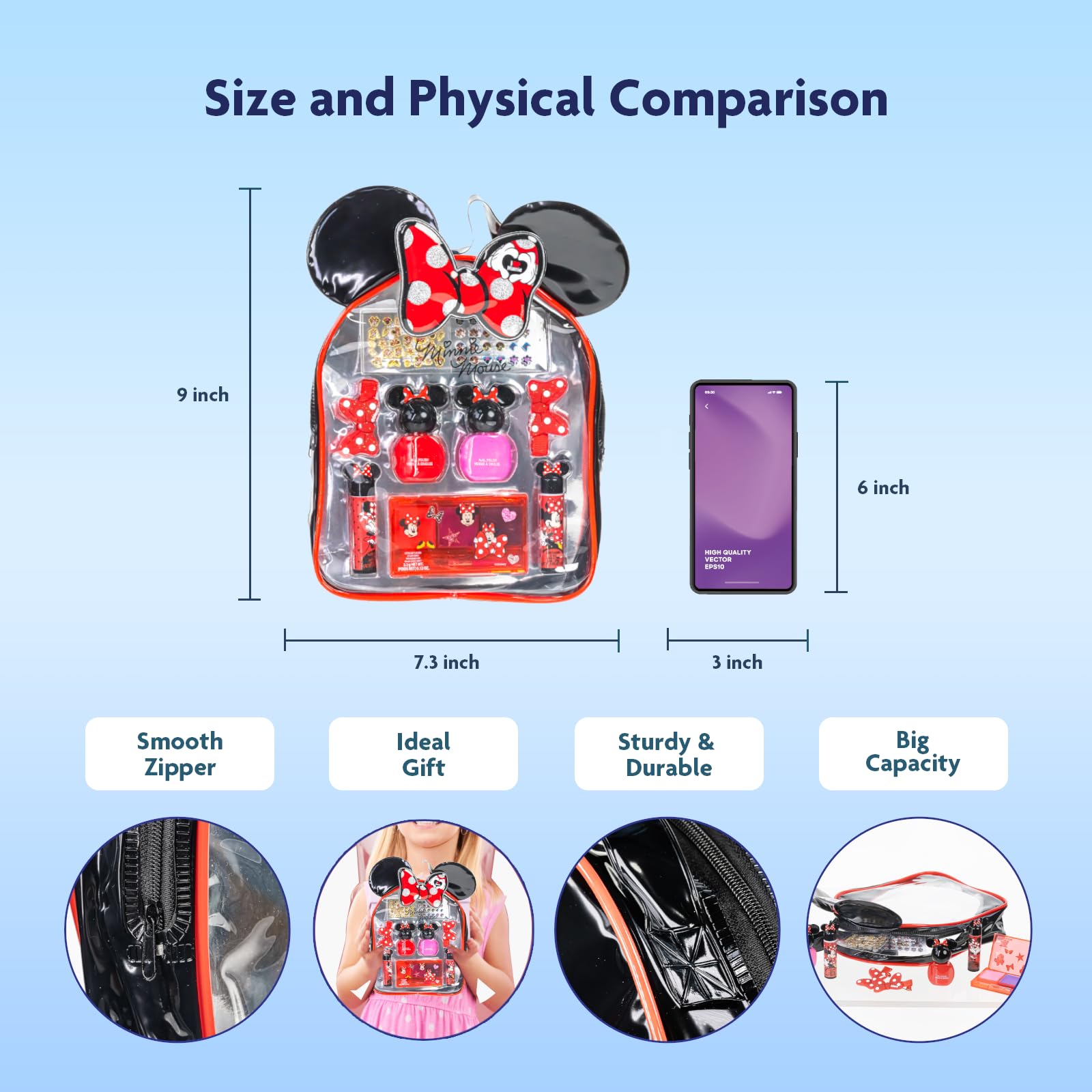 Pochette PVC transparente avec oreilles et nœud Minnie Mouse pour rangement.
