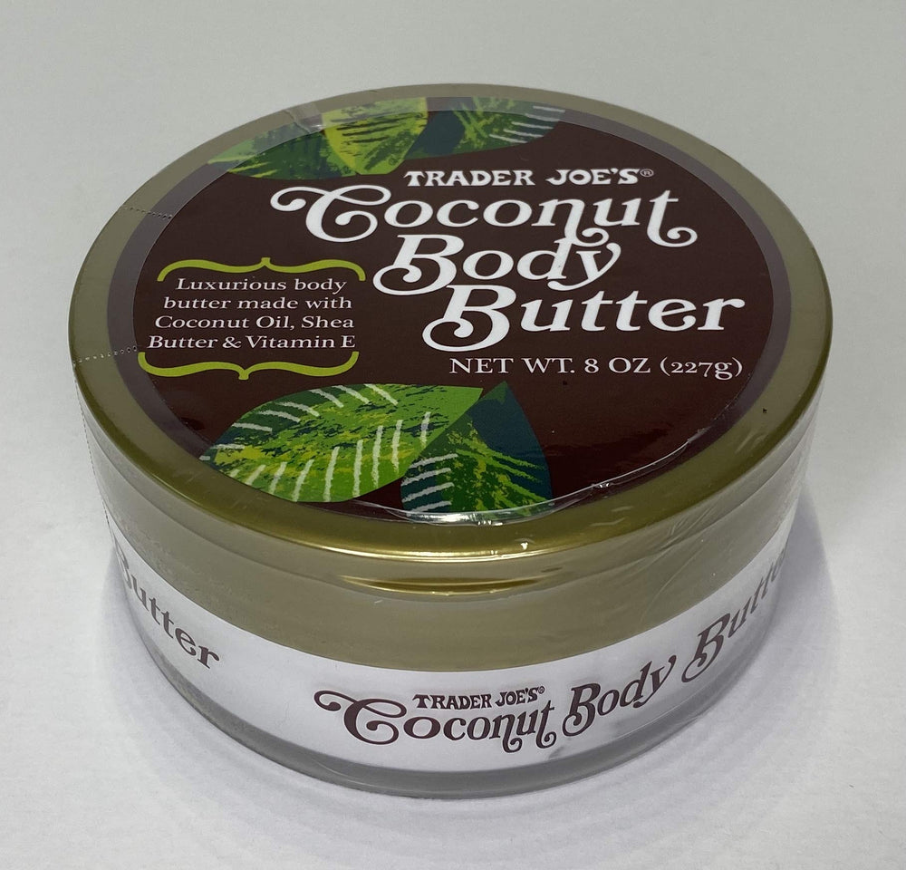 Emballage élégant Trader Joe's – beurre coco pour routine hydratante.