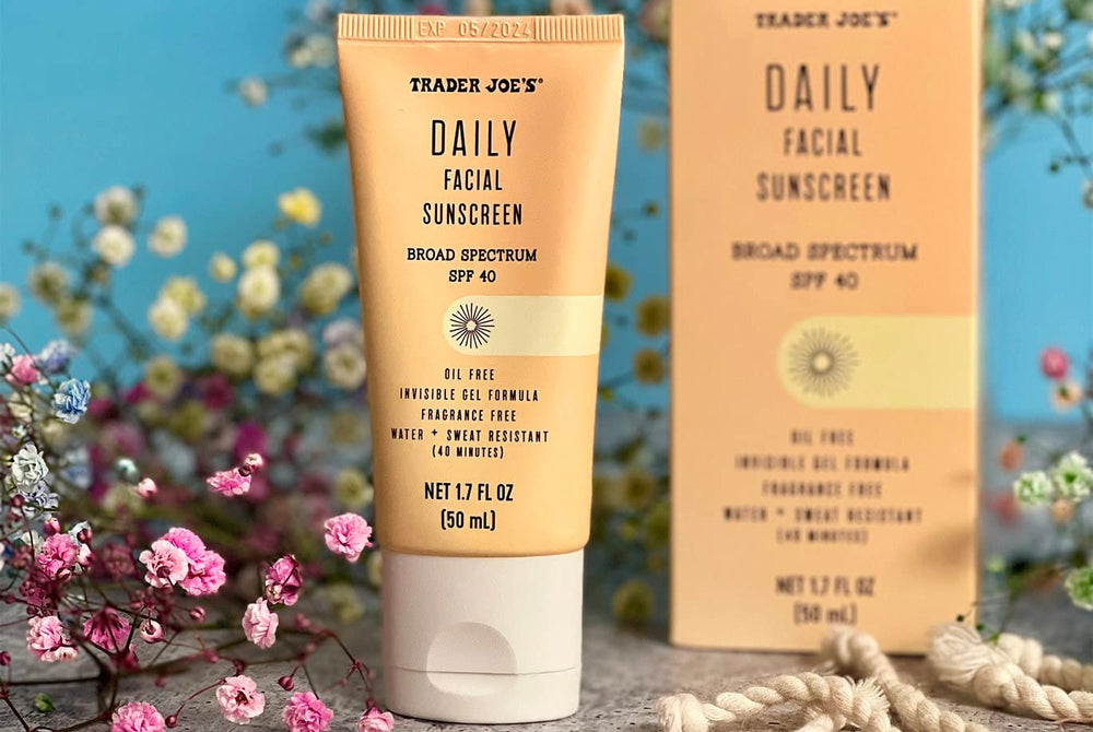 Flacon Trader Joe's SPF 40 – bouteille 50 ml, texture gel légère, résiste à l'eau et à la transpiration