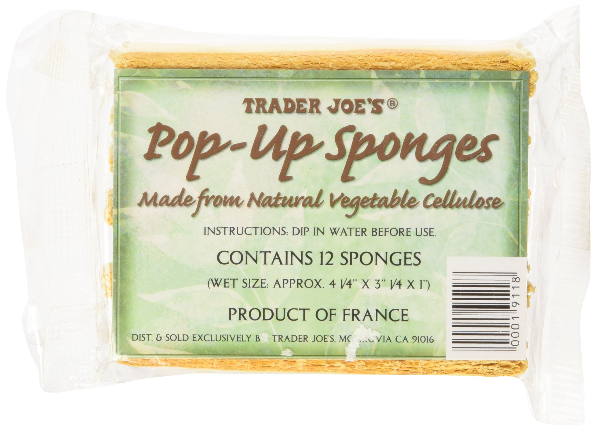 Éponge pop-up Trader Joe's en cellulose végétale, emballage neuf et prêt au nettoyage domestique.