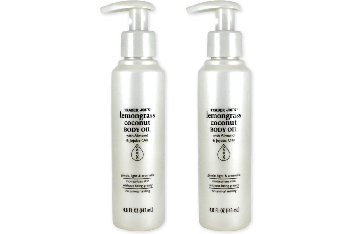 Huile corporelle Trader Joe's citronnelle et coco, bouteille pratique pour hydratation légère et parfum frais.