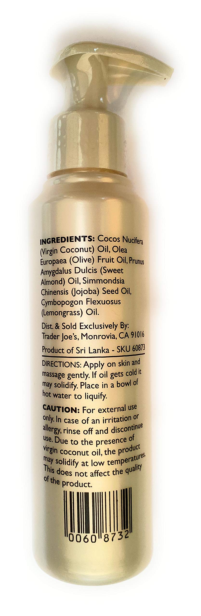 Trader Joe's huile corporelle coco amande jojoba; texture riche et application facile sur la peau.