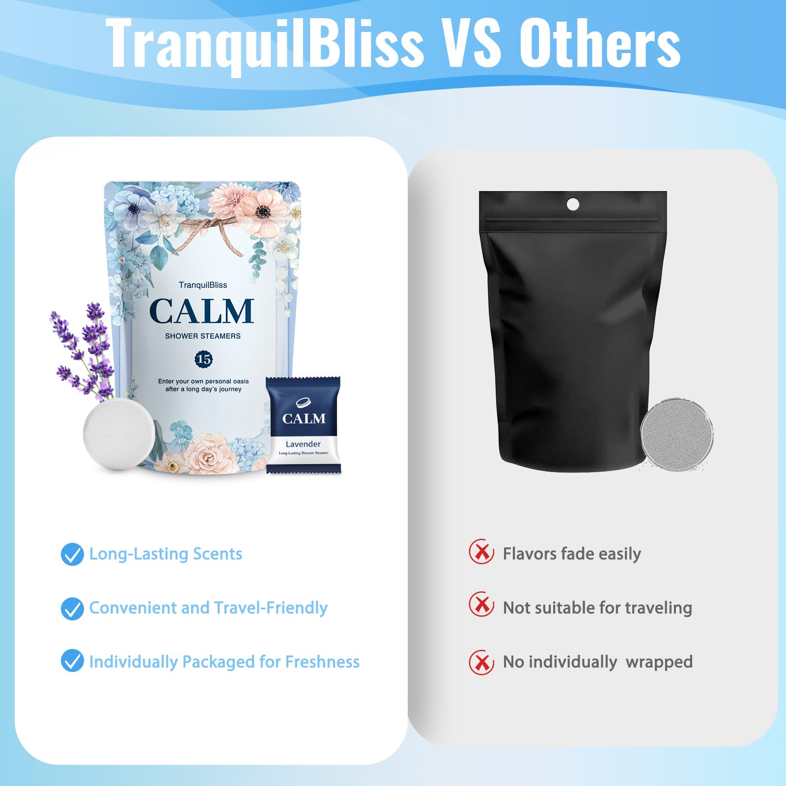 TranquilBliss bombes-douche lavande: emballage individuel préservant la fraîcheur.