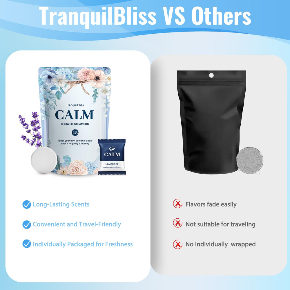 TranquilBliss bombes-douche lavande: emballage individuel préservant la fraîcheur.